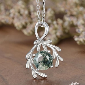 Moss Agate Leaf Pendant Necklace Women Olive Branch Necklace Nature Inspired Silver White Gold Chain Solitaire Cluster Necklace Dainty Gift