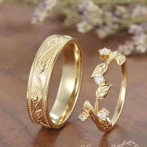 2pcs Leaf Couple Rings Set For Men and Women Moissanite Leaf Ring For Her Plain Gold Mens Wedding Band Milgrain Antique Engagement Ring
