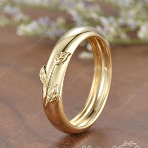 Comfort Fit Solid Gold Mens Wedding Band With Leaf Motif Nature Inspired Engraved Promise Ring Handmade Ring For Men Anniversary Gift