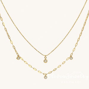 Diamond Stacking Necklace Double Chain Necklace Tiny Moissanite Pendant Combo Gold Necklaces Dainty Layered Necklace Gilded Silver Necklace