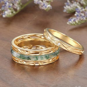 Couple Rings Nature Inspired Moss Agate Oak Leaf Branch Promise Rings Set Moissanite Leaf Wedding Band Anniversary Rings For Women and Men