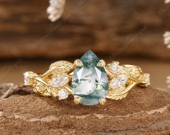 Pear Moss Agate Engagement Ring Cluster Moissanite Ring Marquise Moissanite Leaf Branch Solid Gold Anniversary Gift Promise Ring For Women