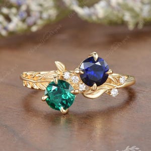 Toi et Moi Birthstone Ring Unique Engagement Ring Leaf Floral Promise Ring Royal Blue Sapphire Sep Birthstone Emerald Two Stone Wedding Ring