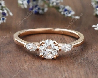 3 Stone Moissanite Engagement Ring Round Cut Simulated Diamond Wedding Ring 14K Rose Gold Minimalist Bridal Ring Vintage Anniversary Ring