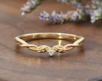 Vintage Leaf Wedding Band Vine Moissanite Wedding Ring Diamond Stacking Women Ring Unique Yellow Gold Wedding Band Nature Inspired Matching