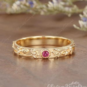 July’s Radiance July Birth Flower Ring Lab Ruby Water Lily Band Botanical Lotus Promise Ring Passion Stone Ring July Birthday Gift for Her