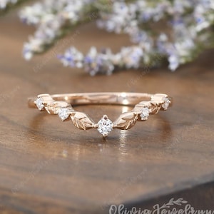 Custom Leaf Moissanite  Wedding Band Curved V Shaped Stacking Ring Vine Diamond Wedding Ring Unique Women Vintage Floral Nature Inspired