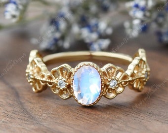 Vintage Inspired Moonstone Ring Natural Rainbow Moonstone Ring Flower Vine Handmade Silver Ring Promise Ring Anniversary Ring Gift For Her