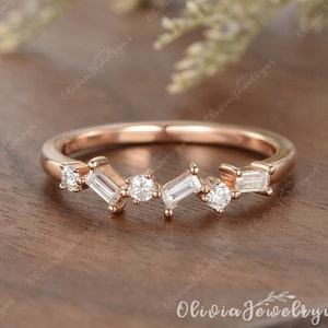 Vintage Baguette Moissanite Wedding Band Yellow Gold Irregular Stacking Band Moissanite Stacking Ring Half Eternity Promise Anniversary Ring