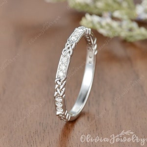 Moissanite Wedding Band Celtic Rings Diamond Half Eternity Bands Unique Matching Stackable Ring Vine Anniversary Engagement Trinity Women
