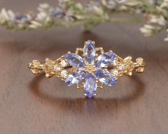 Marquise Cornflower Sapphire Engagement Ring Yellow Gold  Vintage Ring Cluster Lab Sapphire Ring Anniversary Gifts Woman
