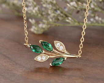 Marquise Emerald Gold Necklace Women Retro Vine Silver Necklace Green Emerald Pendant Antique 14K Necklace May Birthstone Gift For Her