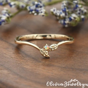 Custom Natural Opal Wedding Band Women Unique Diamond Vine Stacking Antique Silver Ring Yellow Gold Band Delicate Matching Vintage Leaf