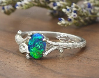 Opal Engagement Ring White Gold Tree Bart Texture Vintage Moissanite Ring Leaf Trunk Wedding Ring One of a kind Ring Lab Black Opal Gift