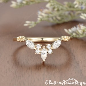 Delicate Moissanite Wedding Band Solid Gold Vintage Marquise Leaf Ring Stacking Matching Branch Ring Curved Wedding Band Bridal Ring For Her