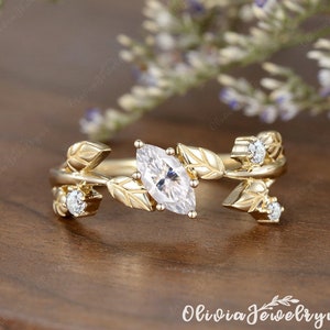 Marquise Moissanite Engagement Ring Leafy Ring Nature Inspired Ring Moissanite Ring Twist  Vine Delicate Moissanite Vintage Leaf Ring