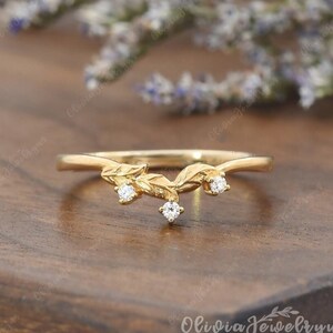 Leaf Moissanite Wedding Band Diamond Ring Unique Vine Band  Antique Stacking Ring Curved Matching Ring Women Custom Yellow Gold Wedding