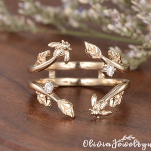 Bee and Leaf Wedding Band Yellow Gold Leaf Cage Ring Enhancer Unique Women Stacking Ring Vine Delicate Women Leaf Matching Ring Vintage