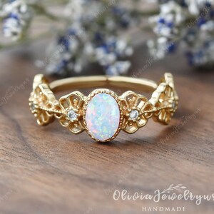 Unique Opal Engagement Ring Yellow Gold Woman Filigree Ring Lab Opal Vine Floral Ring Milgrain Ring Statement Ring Opal Promise Ring Gift