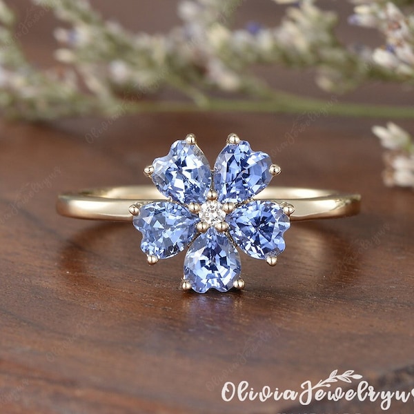 Cornflower Sapphire Engagement Ring Heart Shaped Lab Sapphire Ring Rose Gold Ring Antique Ring Vintage Sterling Silver Cluster Birthstone