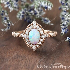 Antique Lab White Opal Engagement Ring Rose Gold Art Deco Halo Ring Vintage Half Eternity Milgrain Ring Oval Bridal Ring Anniversary Gift