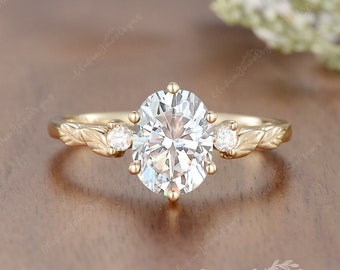 1.37ct Moissanite Leaf Engagement Ring Oval Cut Nature Inspired Leaf Wedding Ring Yellow Gold Vine Ring Twig Promise Bridal Wedding Ring