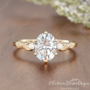 1.37ct Moissanite Leaf Engagement Ring Oval Cut Nature Inspired Leaf Wedding Ring Yellow Gold Vine Ring Twig Promise Bridal Wedding Ring