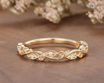 Vintage Floral Moissanite Ehering Natur Inspiriert Blatt Rebe Ring Gelbgold Passende Band für Frauen Jahrestag