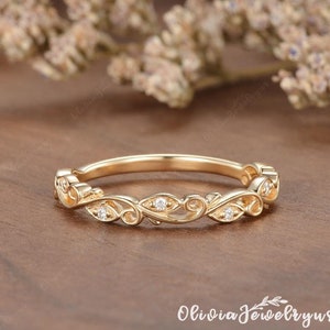 Vintage Floral Moissanite Wedding Band Nature Inspired Leaf Vine Ring Yellow Gold Matching Band For Women Anniversary