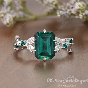 Emerald Cut Engagement Ring White Gold Emerald Ring Unique Moissanite Ring Leaf Wedding Ring Vintage Bridal Birthstone Ring Nature Inspired