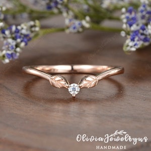 Custom Fit Leaf Wedding Band Women Unique Diamond Vine Stacking Antique Silver Ring Yellow Gold Band Delicate Moissanite Vintage Leaf
