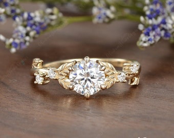 Vintage Style Moissanite Engagement Ring Unique Leafy Ring Cluster Branch Twig Ring Nature Inspired Moissanite Wedding Women Bridal Vine