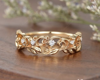 Vine Wedding Band Moissanite Leaf Women Ring Yellow Gold Unique Leaf Wedding Band Nature Inspired Flower Wedding Ring Women Leaf Floral