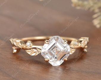Art Deco Leaf Moissanite Engagement Ring Asscher Cut Moissanite Women Ring Anique Vine Solitaire Ring Moissanite Anniversary Ring for Her