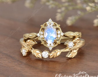 Moonstone Engagement Ring Set Yellow Gold Woman Inspired Ring Custom Leafy Moissanite Wedding Band Vintage Floral Ring Milgrain Ring Set 2pc