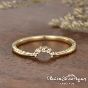 Diamond Wedding Band Yellow Gold Custom Fit Moissanite Stacking Matching Band Vintage Diamond Women Ring Chevron Promise Ring Anniversary