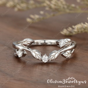 Leaf Wedding Band Yellow Gold Moissanite Wedding Ring Curved Twig Stacking Ring Vintage Leaf Branch Band Delicate Leaf  Matching Ring Women
