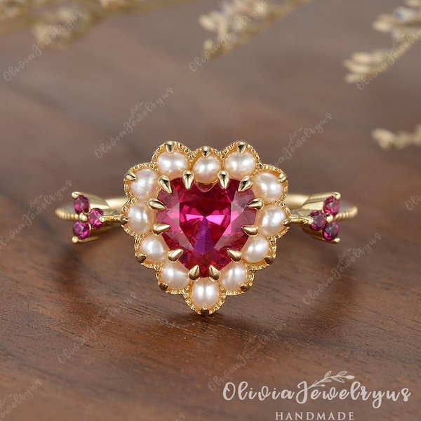 Heart Cut Ruby & Pearl Engagement Ring Natural Pearl Yellow Gold Halo Ring Art Deco Milgrain Promise Ring Women Lab Ruby Ring Gift For Her