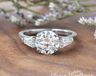 Three Stone Moissanite Ring 1CT Round Cut Engagement Ring Vintage 3 Stone Moissanite Ring Unique Bridal Promise Ring Dainty Anniversary Gift