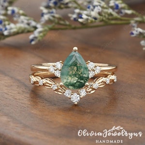 Moss Agate Engagement Ring Set 2pcs Unique Leafy Wedding Band Women Cluster Branch Twig Nature Inspired Pear Shaped Vine Unique Gift for her