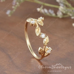 Vintage Leaf Wedding Band Women Unique Diamond Ring Stacking Ring Antique Yellow Gold Band Vine Delicate Moissanite Matching Band Leaf Ring