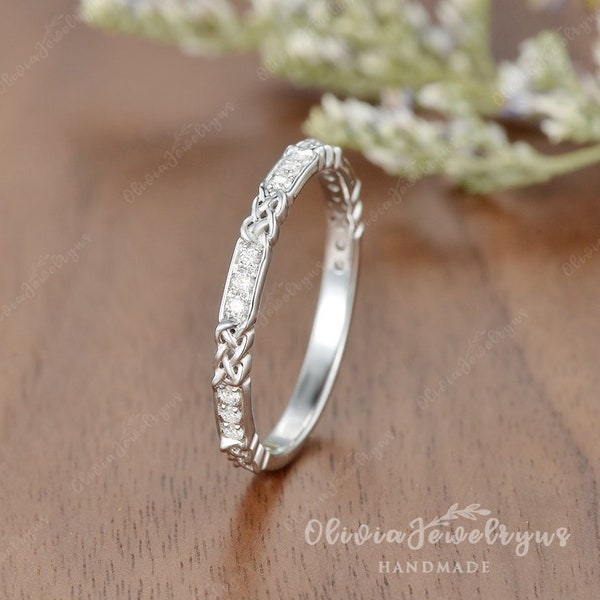 Moissanite Wedding Band Celtic Rings Diamond Half Eternity Bands Unique Matching Stackable Ring Vine Anniversary Engagement Trinity Women