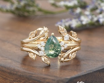Moss Agate Bee Ring Enhancer Pear Cut Leaf Wedding Band Cluster Engagement Ring Moissanite Cage Enhancer Ring Nature Leaf Ring Set Antique