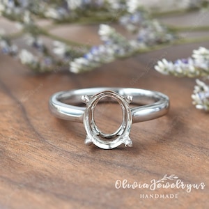 Custom Ring Settings Without Stone White Gold Classic Ring Setting with Oval Sterling Silver Semi Mountings Simple 4 Prongs Ring Settings