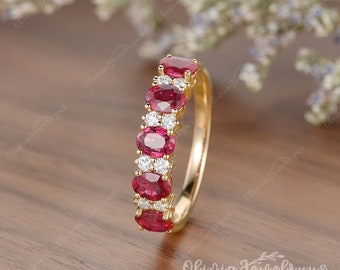 Vintage Ruby Wedding Band Oval Cut Retro Ruby Ring July Birthstone Ruby Engagement Ring Half Eternity Band Promise Ring Anniversary Gift