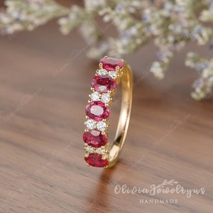 Vintage Ruby Wedding Band Oval Cut Retro Ruby Ring July Birthstone Ruby Engagement Ring Half Eternity Band Promise Ring Anniversary Gift