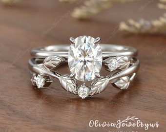 Solitaire 1.5CT Moissanite Engagement Ring White Gold Bridal Ring Set Vintage Leaf Stacking Ring 14K/18K Solid Gold Ring Wedding Ring Set