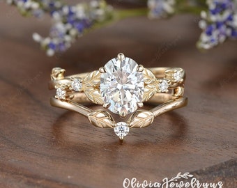1.5ct Leaf Antique Engagement Rings Set Vintage Moissanite Ring Oval Anniversary Ring Rose Gold Wedding Band Women Gift Stacking Set 2pcs