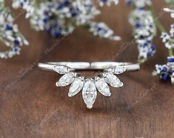 Marquise Shaped Moissanite Wedding Ring Vintage Curved Wedding Band Women White Gold Stimulated Diamond Ring Bridal Wedding Stacking Ring