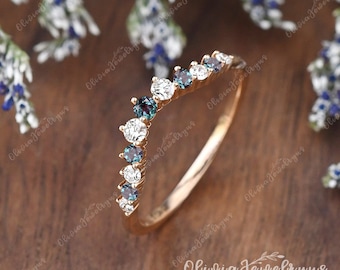 Vintage Alexandrite Wedding Band Rose Gold Half Eternity Moissanite Ring Curved Wedding Band Stacking Matching Ring Unique Anniversary Ring